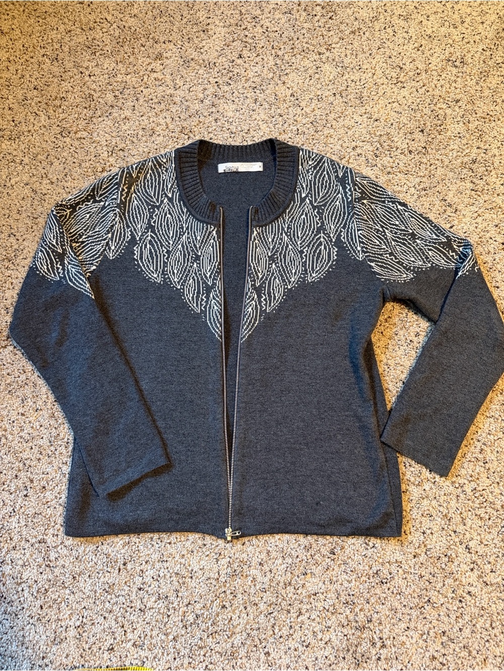 Charcoal and White Knit Zip-Front Cardigan